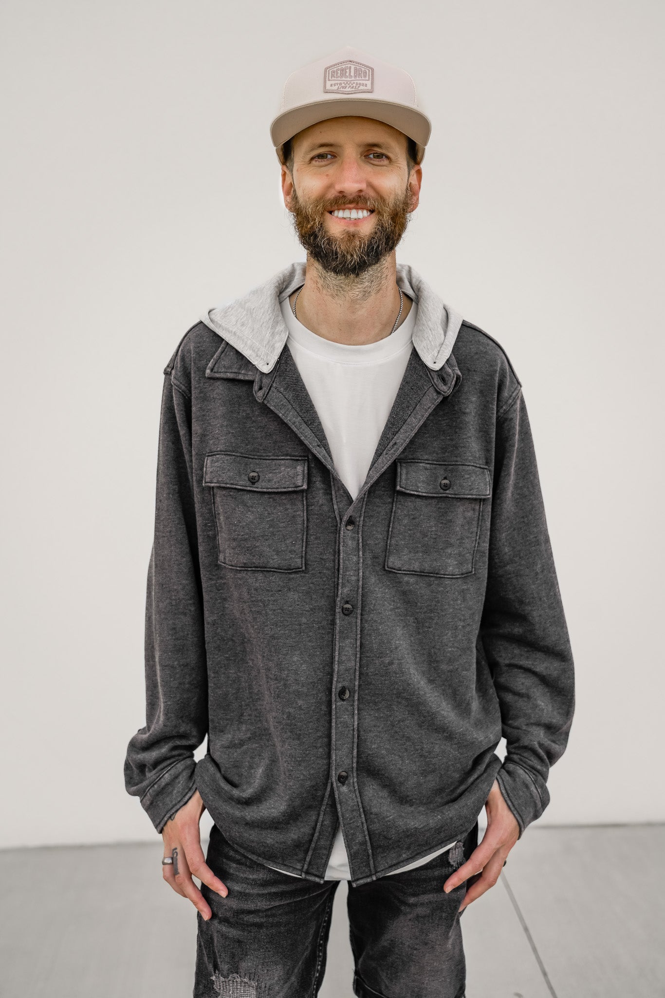 Adult Lightweight Hooded Shacket - Charcoal Wash