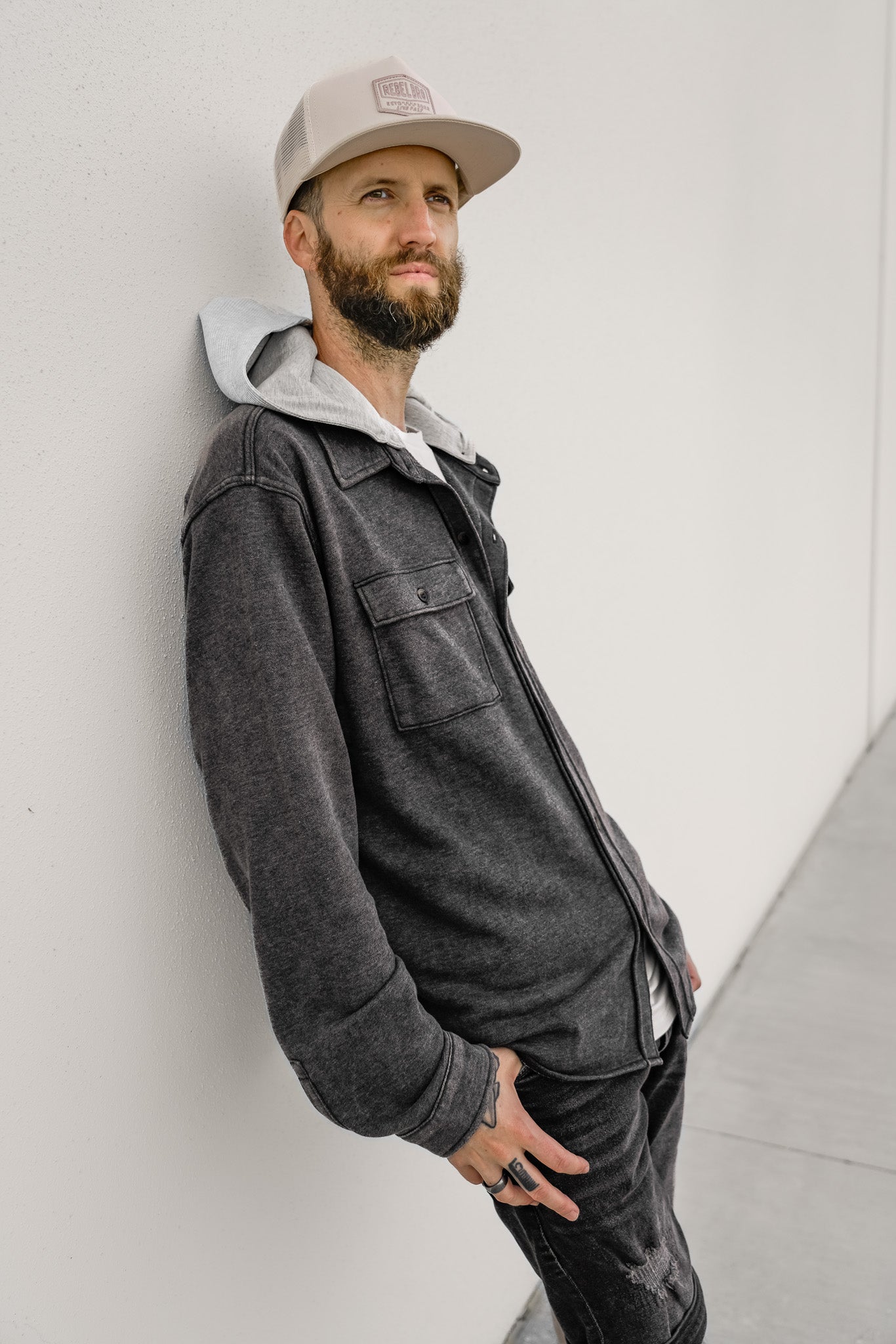 Adult Lightweight Hooded Shacket - Charcoal Wash